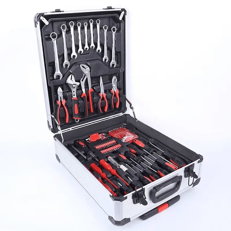 187-piece mechanic tool set with organized hand tools and rolling aluminum case