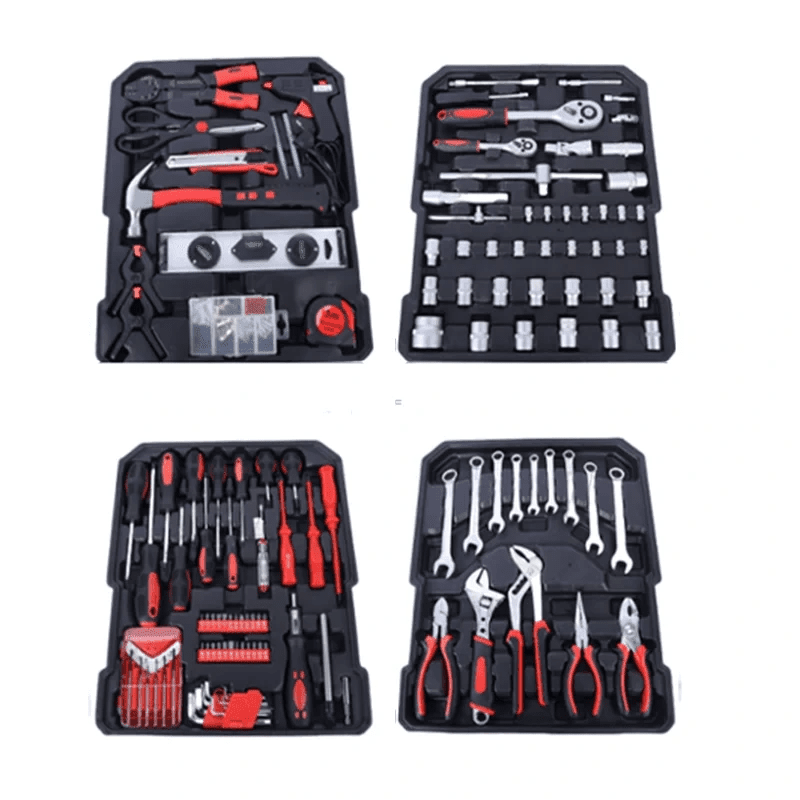 Complete automotive tool kit with wrenches sockets screwdrivers and repair accessories