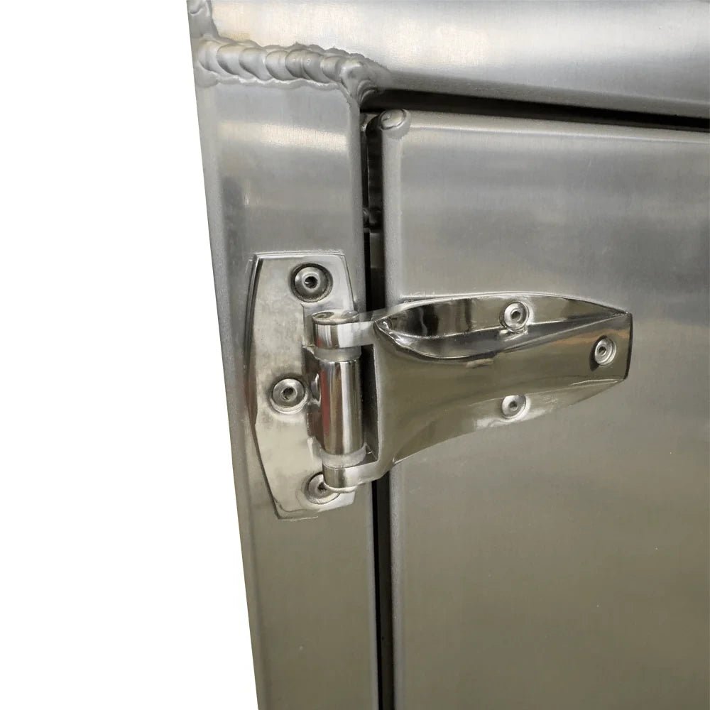 Heavy-duty hinge and welded corner detail on the 201004 aluminum flatbed storage box