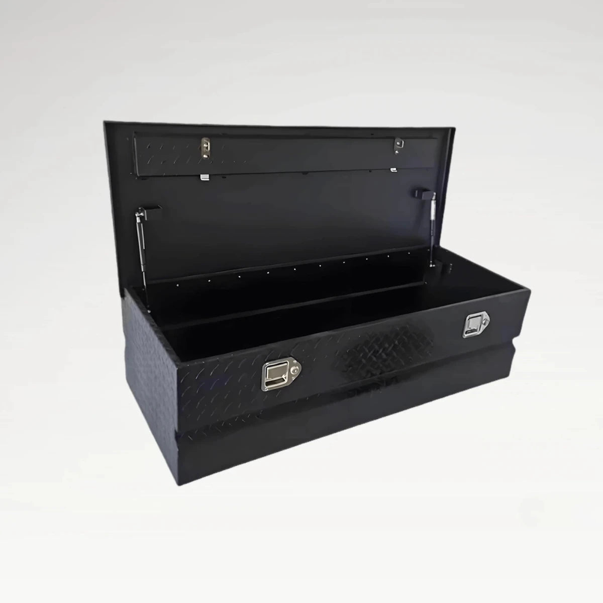 LANSHUO 201008 black 48-inch aluminum truck tool box with open lid and diamond plate finish