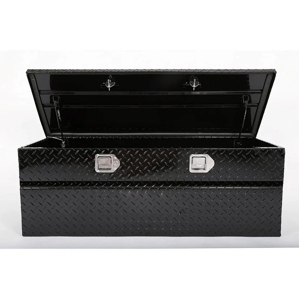 Front view of open 48-inch black aluminum tool chest with dual recessed locking latches