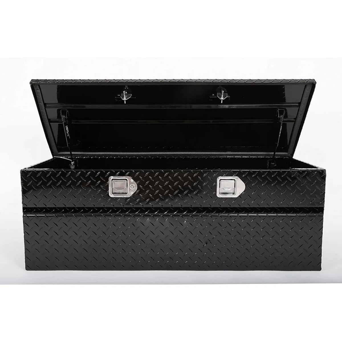 Front view of open 48-inch black aluminum tool chest with dual recessed locking latches