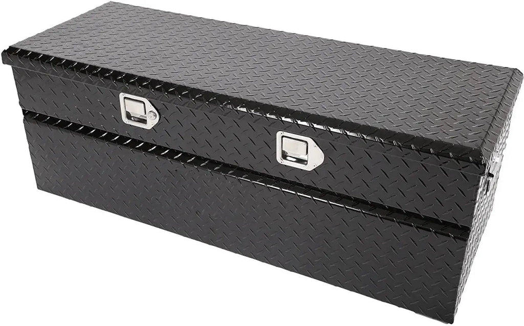 Closed 201008 48-inch black diamond plate truck storage box with two lockable latches