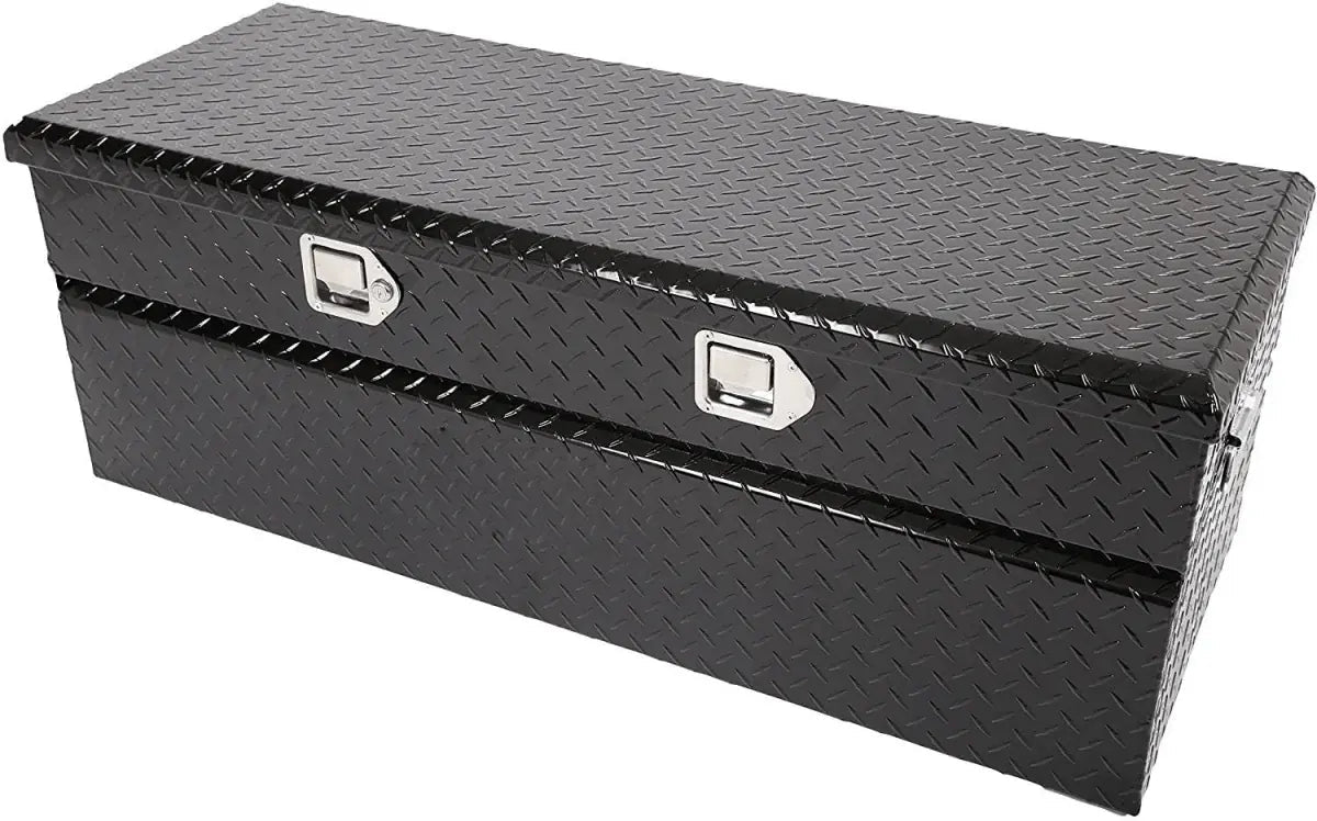 Closed 201008 48-inch black diamond plate truck storage box with two lockable latches
