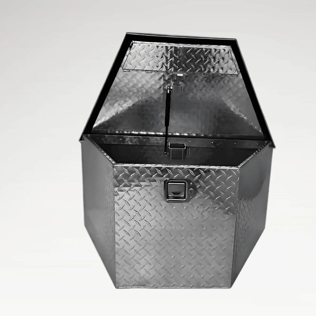 LANSHUO 201011 aluminum trailer tongue tool box with open gas-strut lid and diamond plate finish