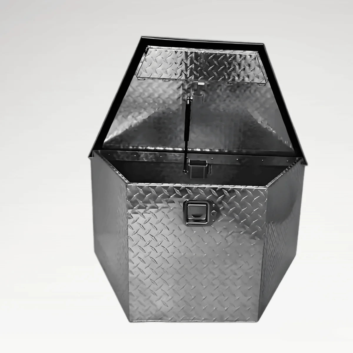 LANSHUO 201011 aluminum trailer tongue tool box with open gas-strut lid and diamond plate finish
