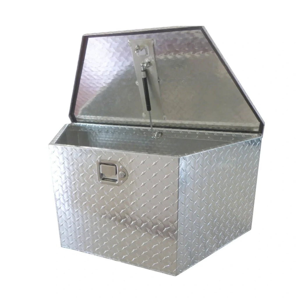 Open 201011 trailer tongue box showing gas strut support and spacious aluminum interior