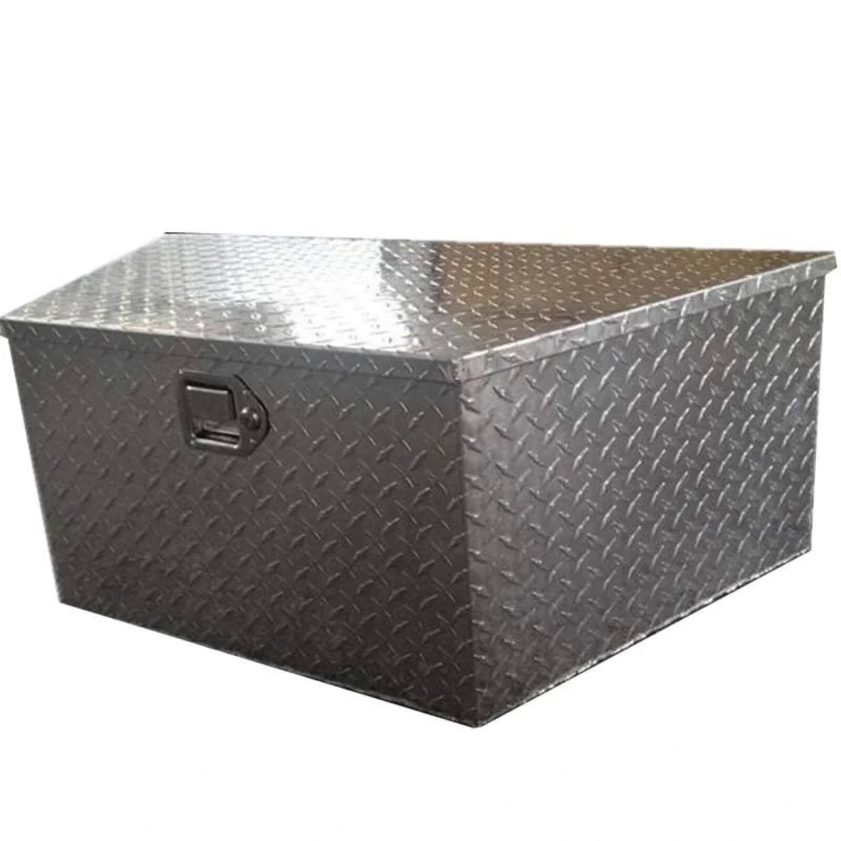 Three-quarter rear view of closed trapezoid aluminum trailer tongue storage box