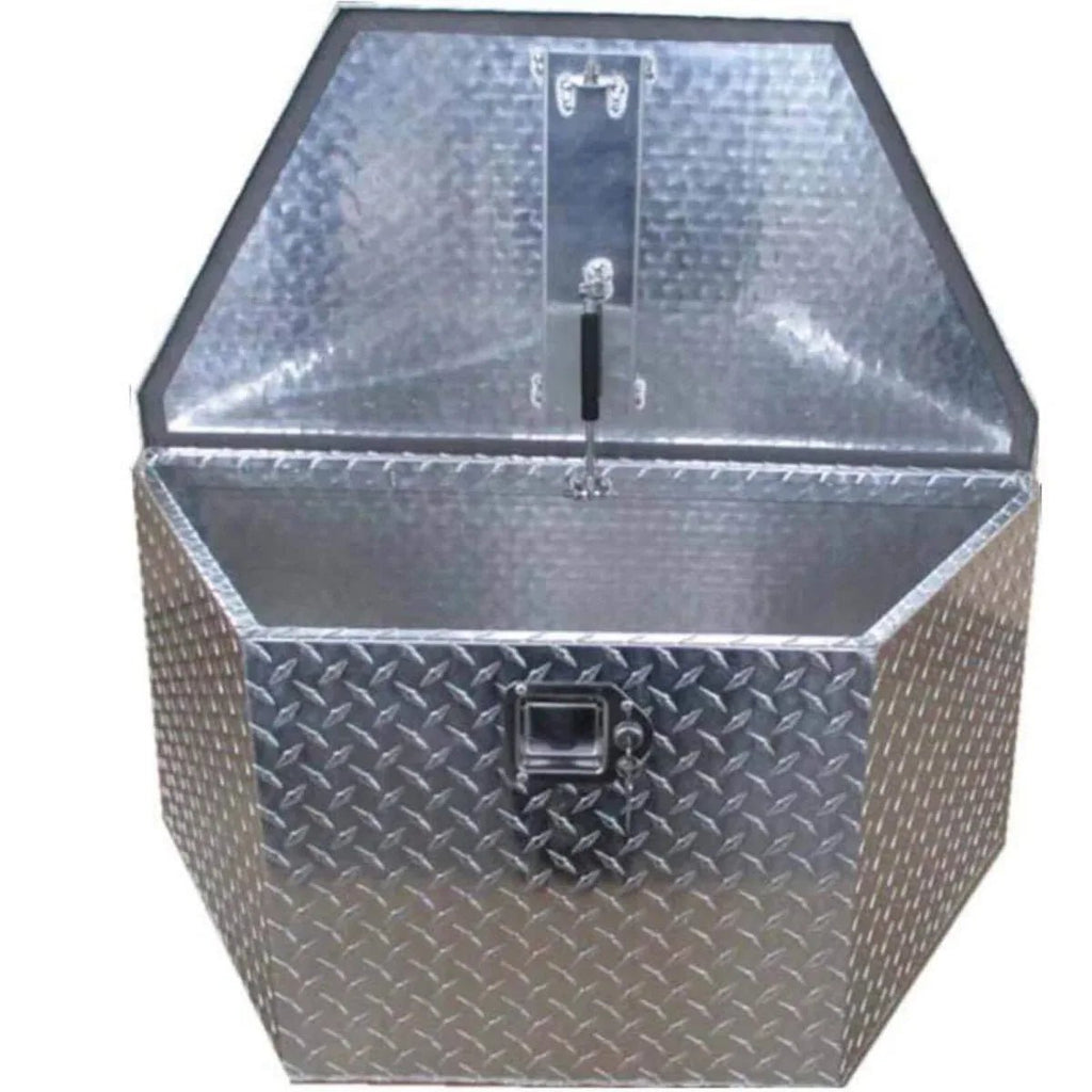 Front view of open 201011 aluminum trailer tongue box with lockable lid and deep storage space
