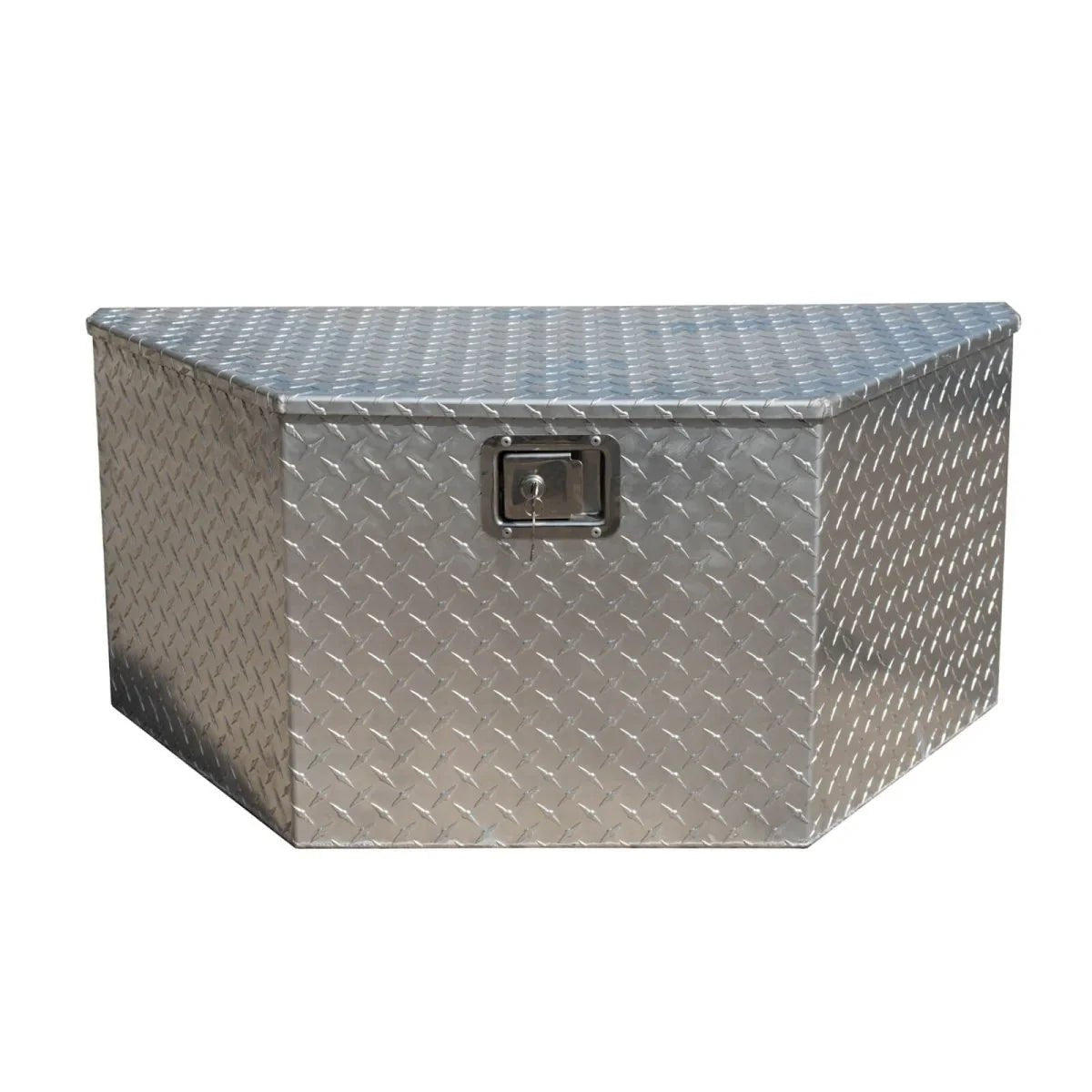 Closed trapezoid aluminum trailer tongue box with checker plate lid and recessed front latch