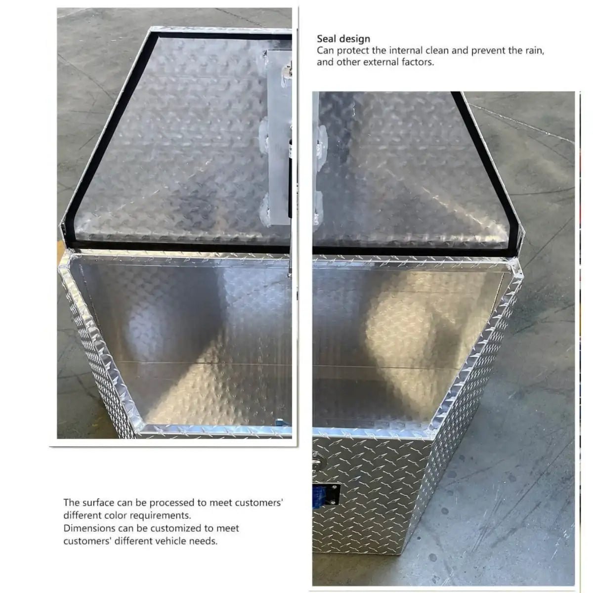 Weather-sealed aluminum trailer tool box showing custom interior and open lid construction