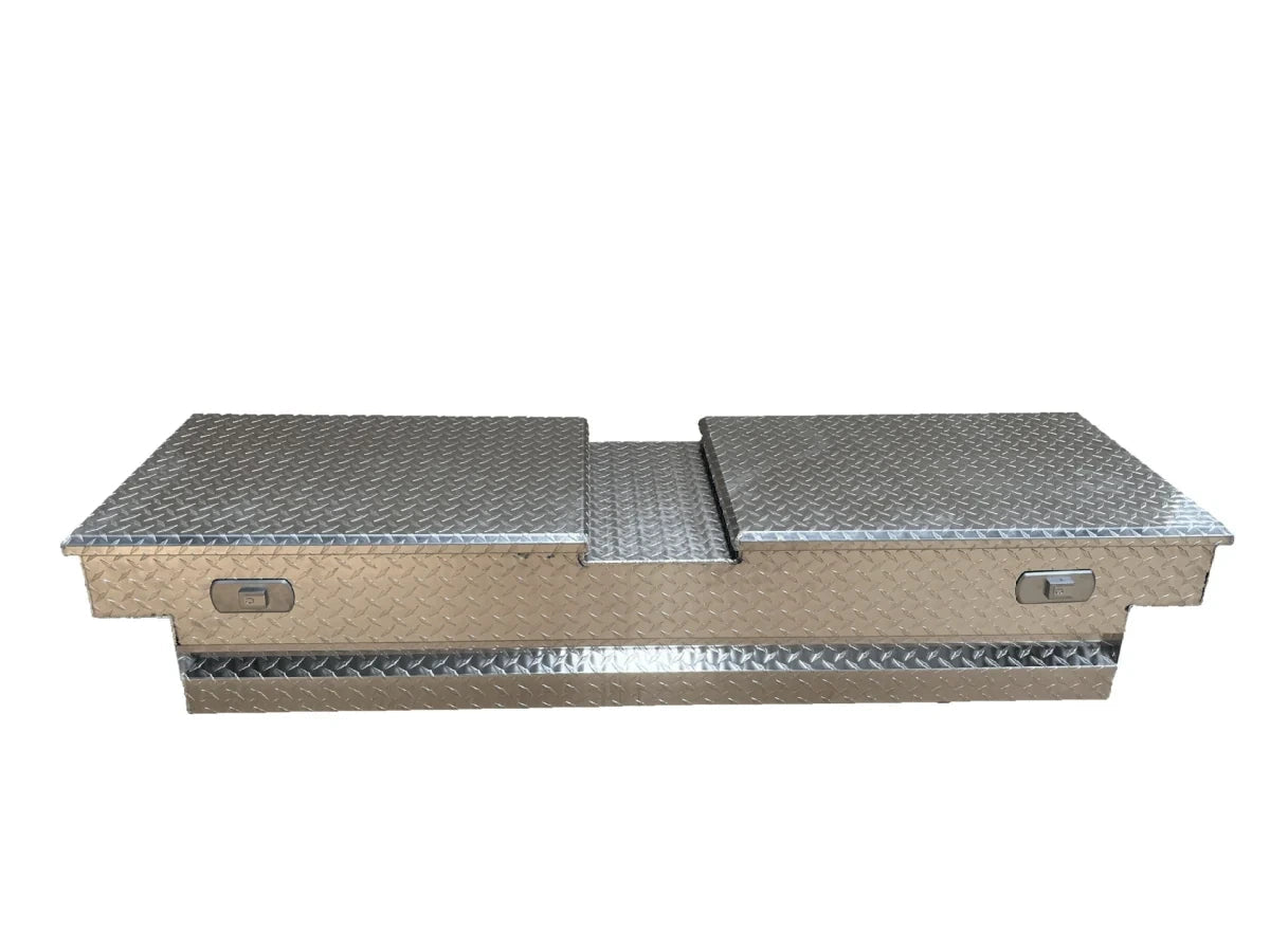 Front view of wide 201015 aluminum pickup tool box with two lockable side lids
