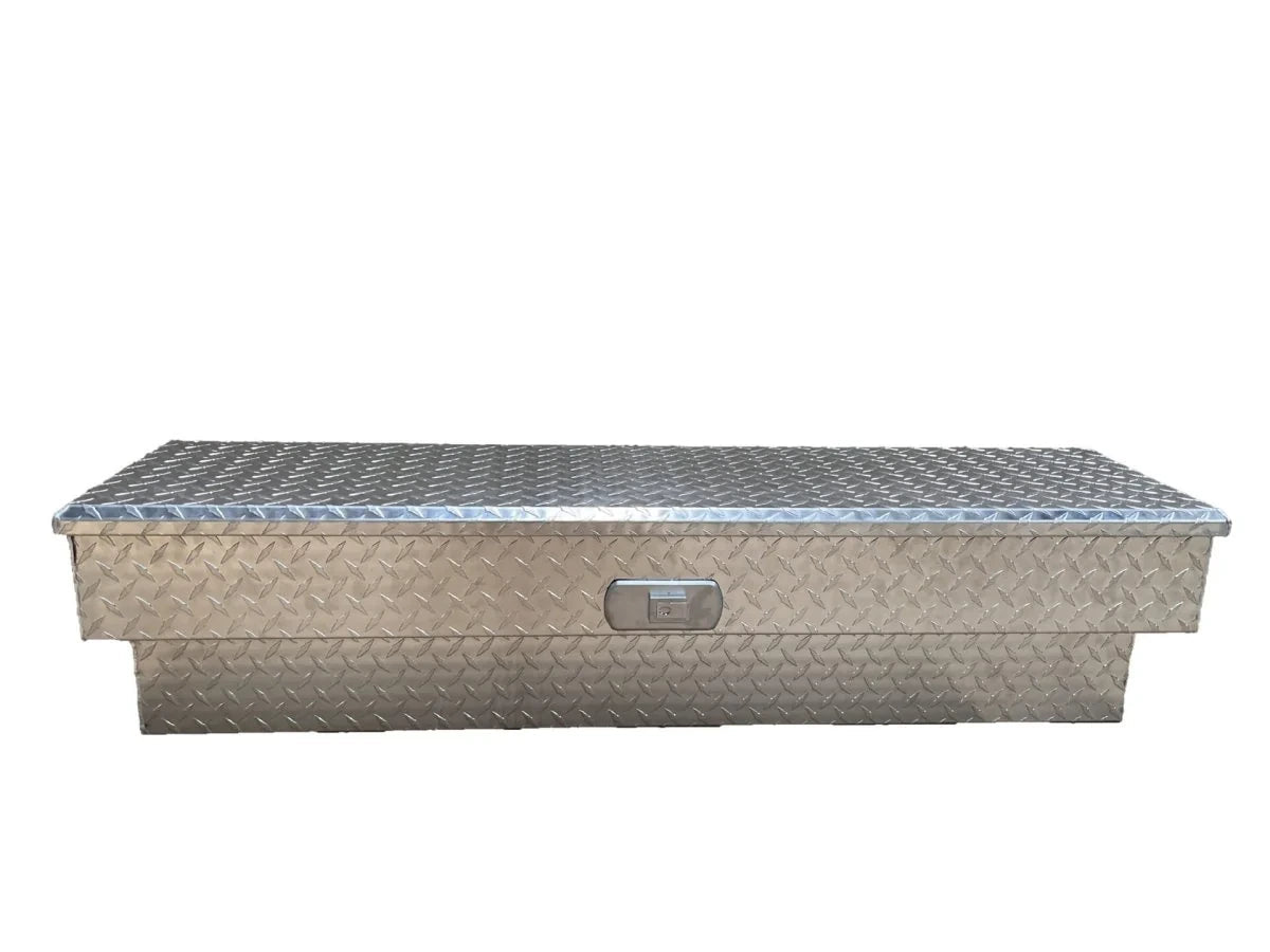 Front view of closed 1230 mm aluminum side-mount storage box with recessed locking latch