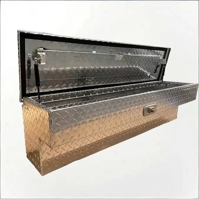 LANSHUO 201016 side-mount aluminum truck tool box with open lid and diamond plate finish