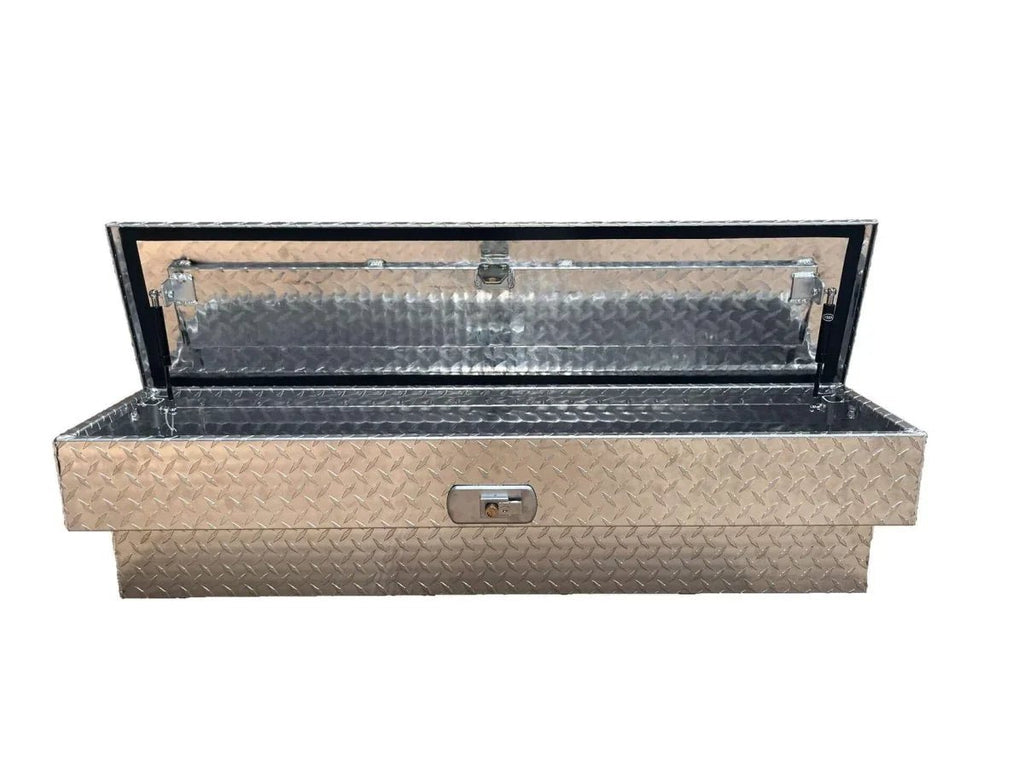 Front view of open 201016 side-mount truck tool box showing gas struts and spacious interior