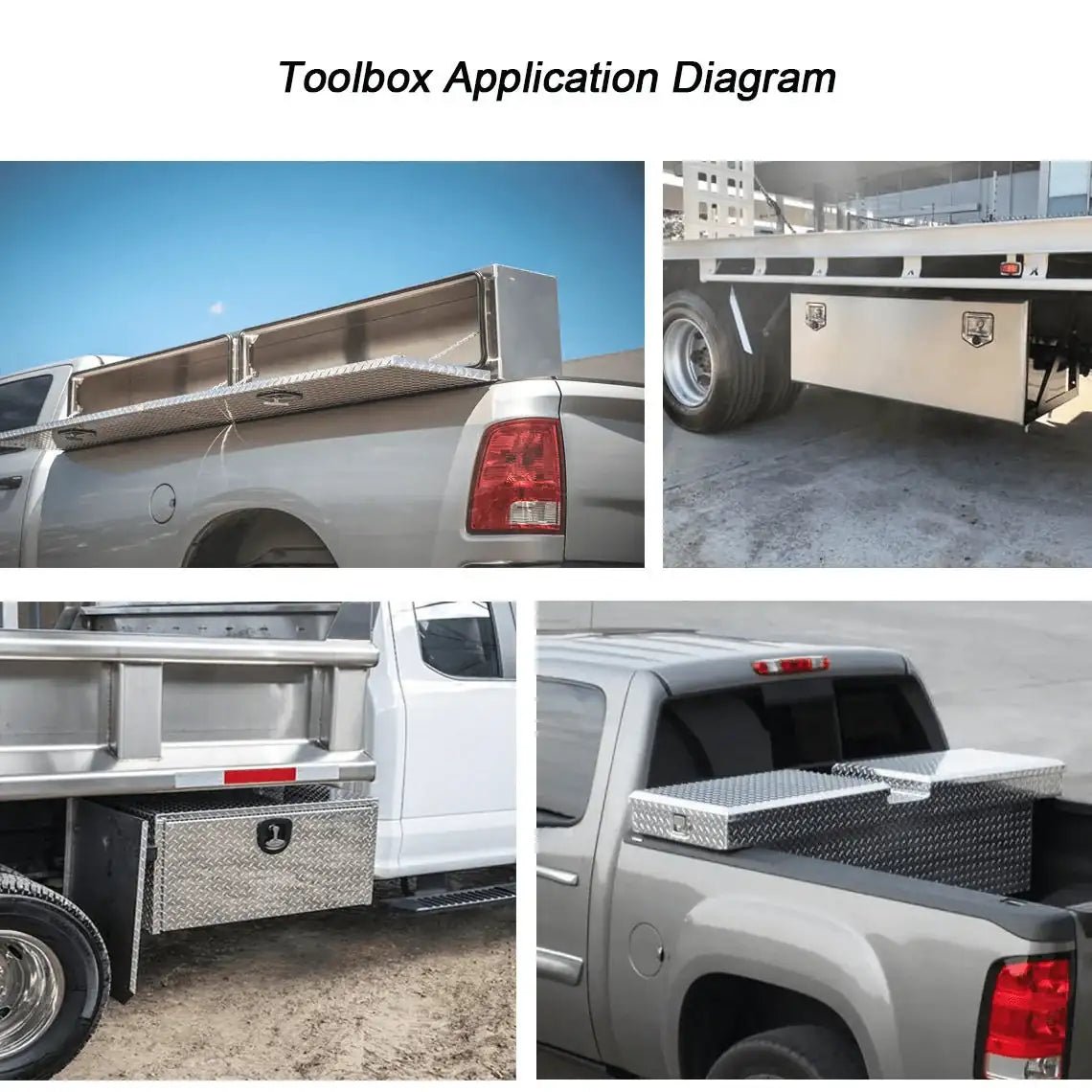 201017 aluminum truck tool box application guide showing underbody and pickup bed mounting options