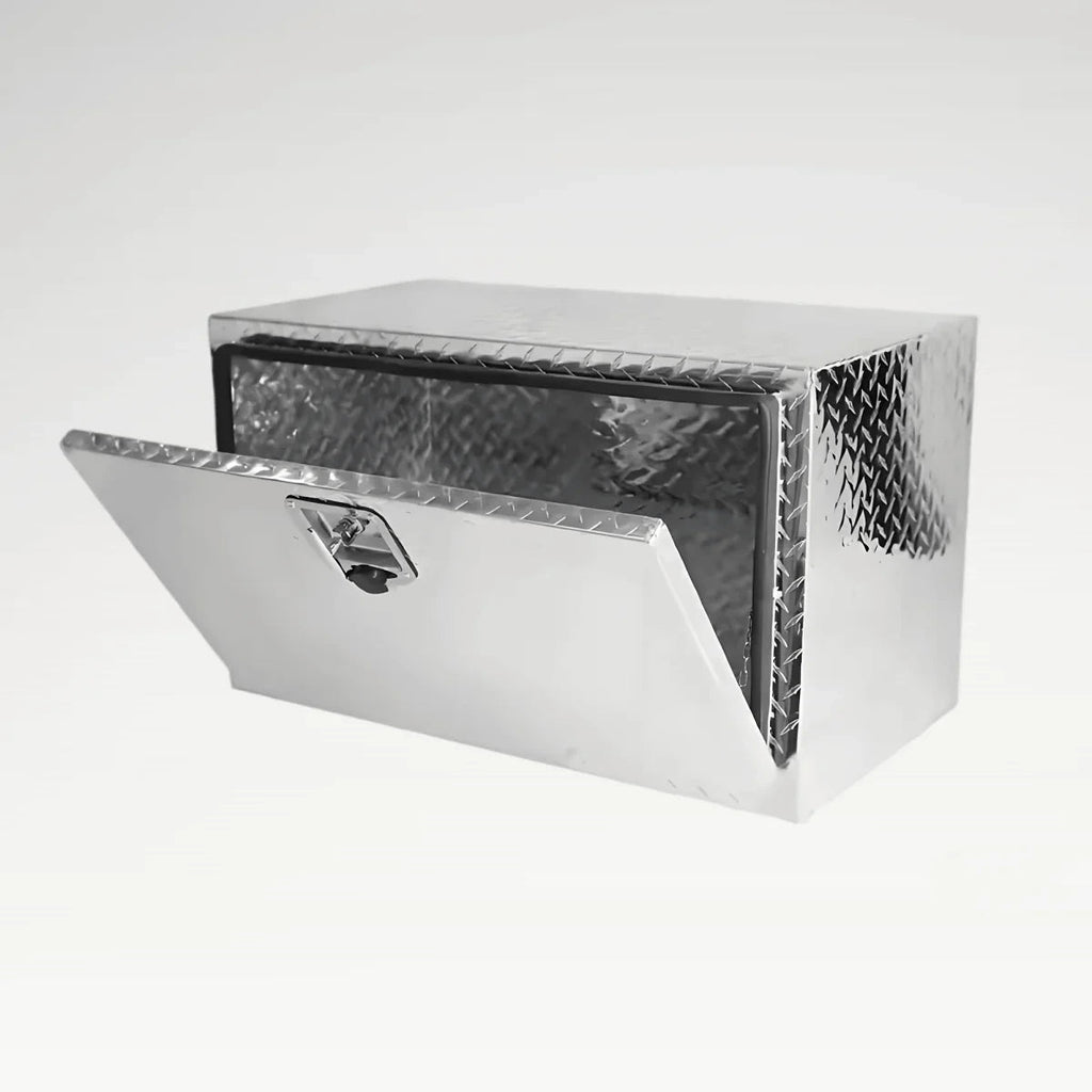 LANSHUO 201017 checker plate aluminum underbody tool box with open drop-down door and recessed lock