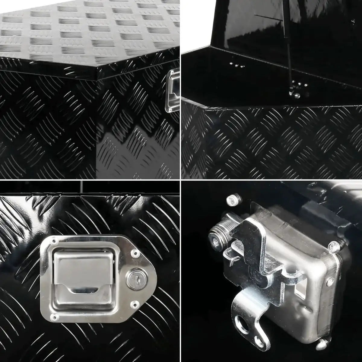 Recessed paddle latch, reinforced hinge and checker plate finish details on the 201017 tool box