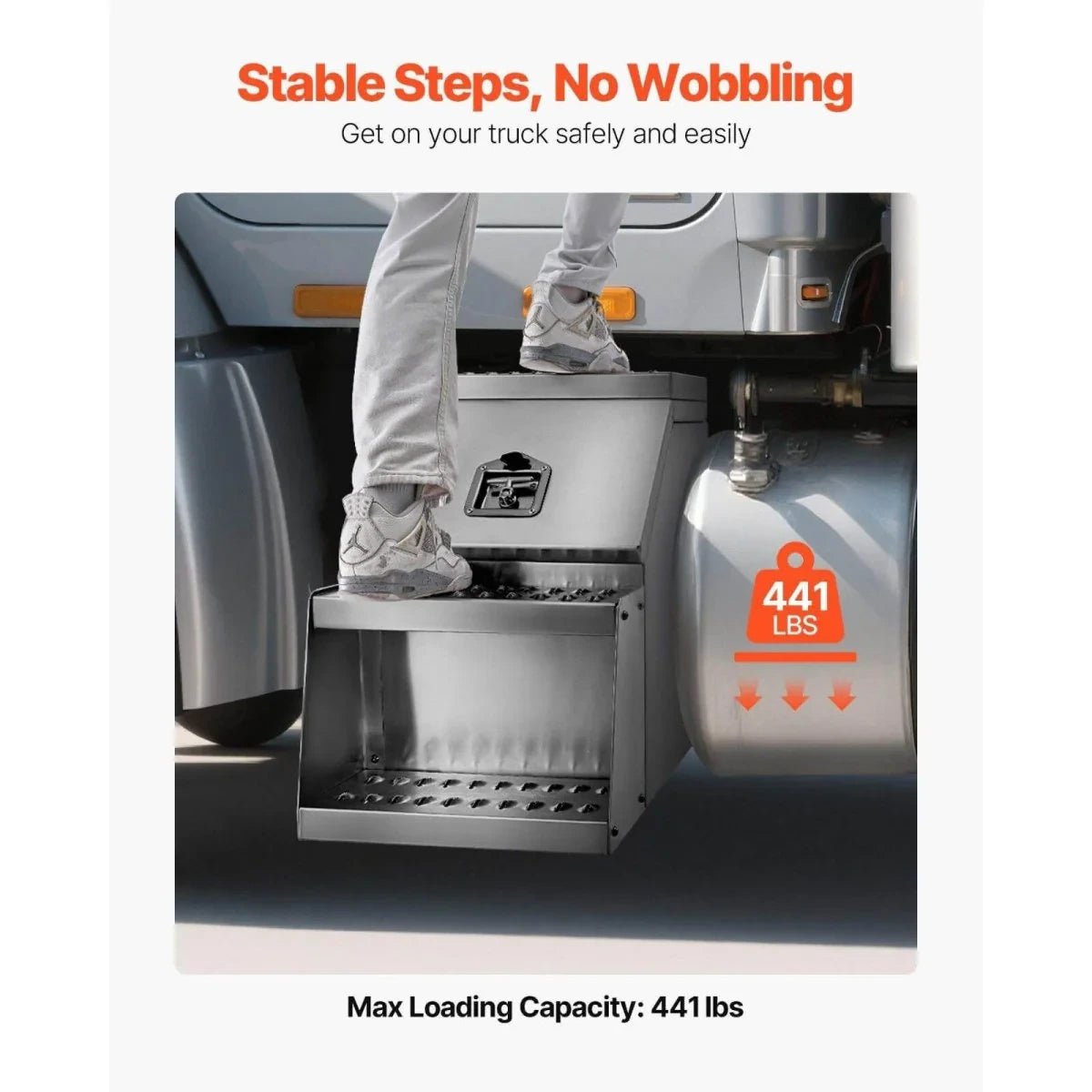 Aluminum semi-truck step box installed beside a truck cab with stable anti-slip steps