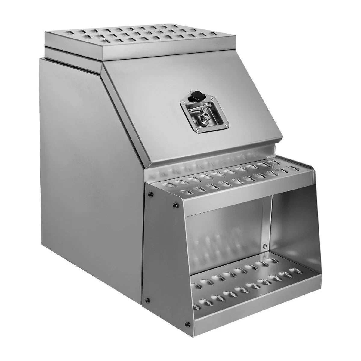 Three-quarter view of 201020 heavy-duty truck step box with recessed latch and perforated treads