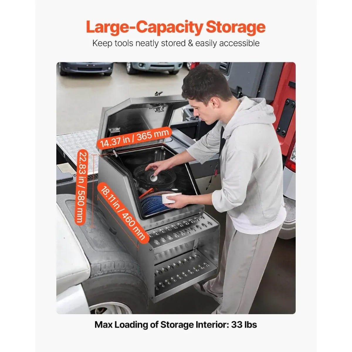 Large-capacity storage compartment and dimensions of the 201020 semi-truck step tool box