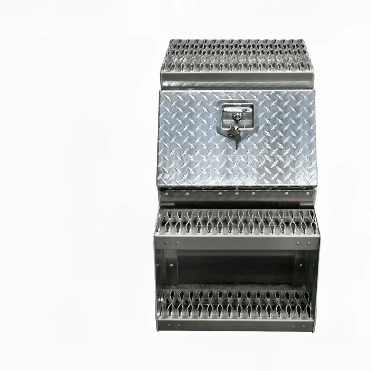 Front view of aluminum semi-truck step box with locking storage door and perforated safety steps