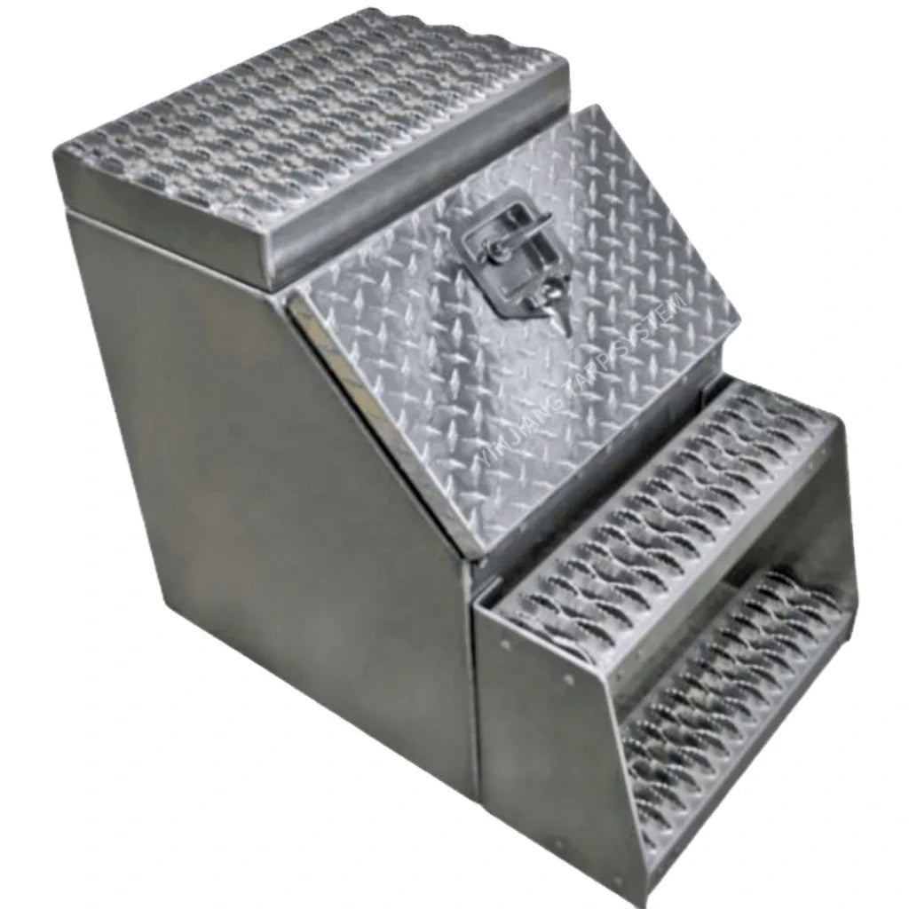 Three-quarter view of 201031 flatbed truck step tool box with two anti-slip aluminum treads