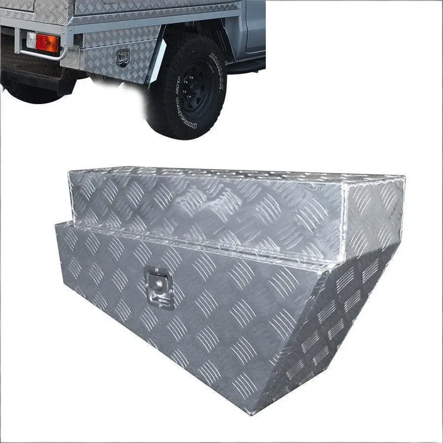 Tapered checker plate underbody tool box shown with truck mounting application