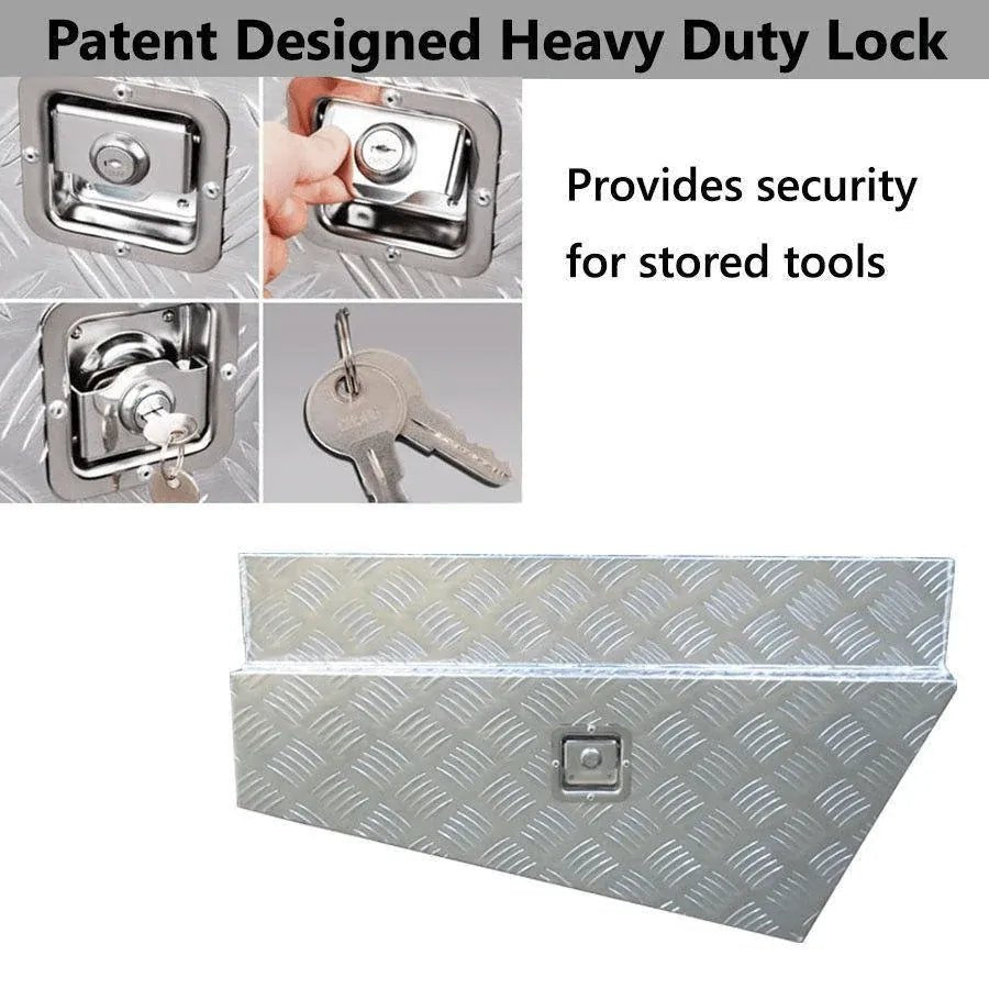Heavy-duty recessed lock detail on the tapered 201060 aluminum underbody storage box
