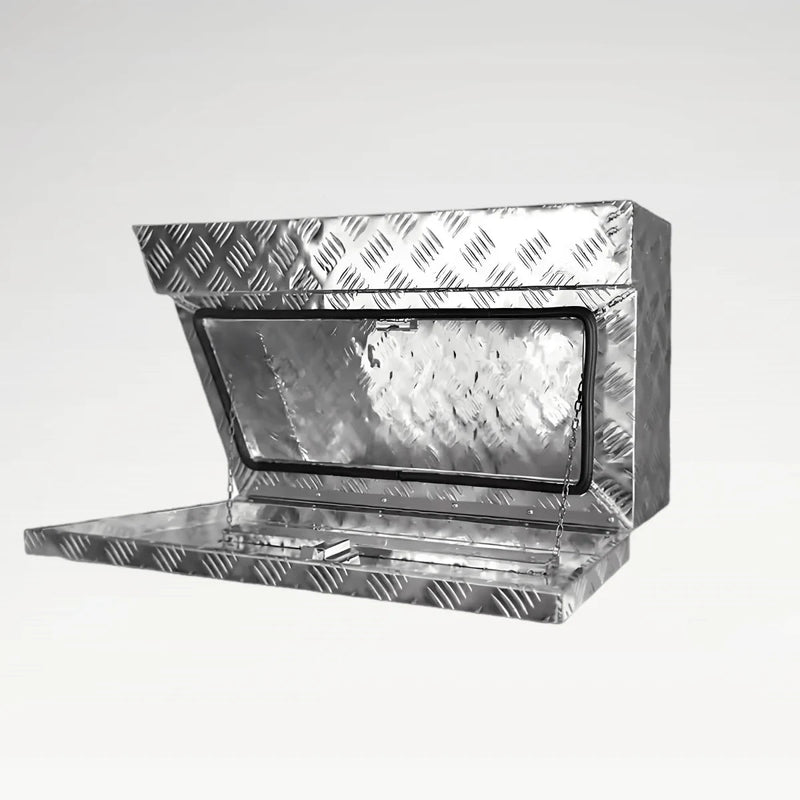 LANSHUO 201060 aluminum underbody tool box with open drop-down door and checker plate finish
