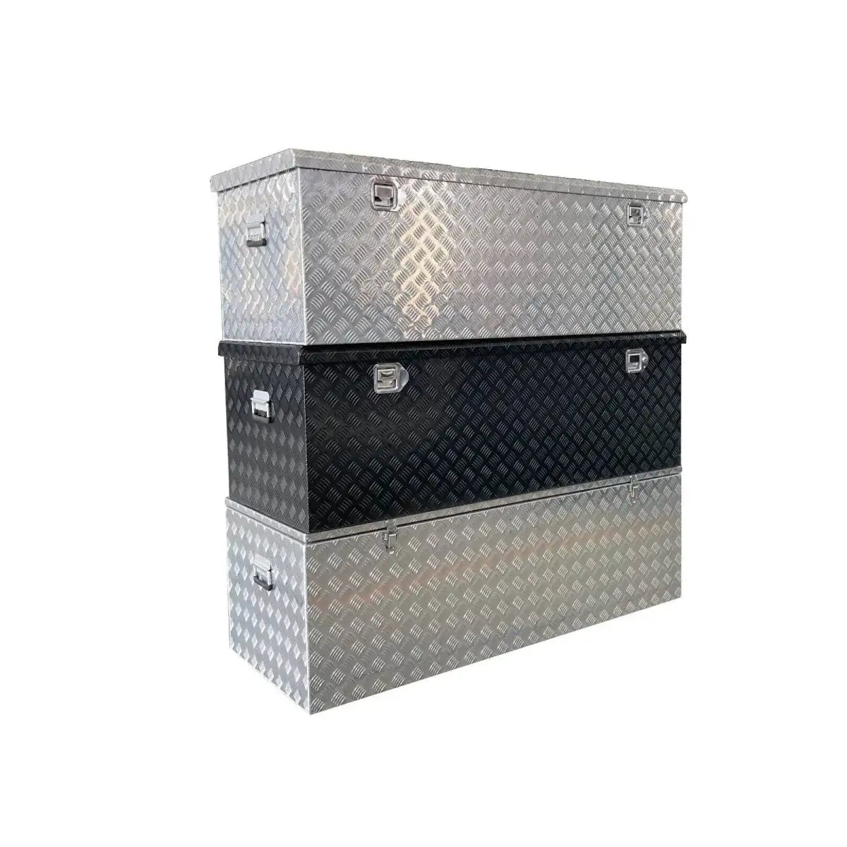 Stacked silver and black checker plate truck tool boxes with recessed locking latches