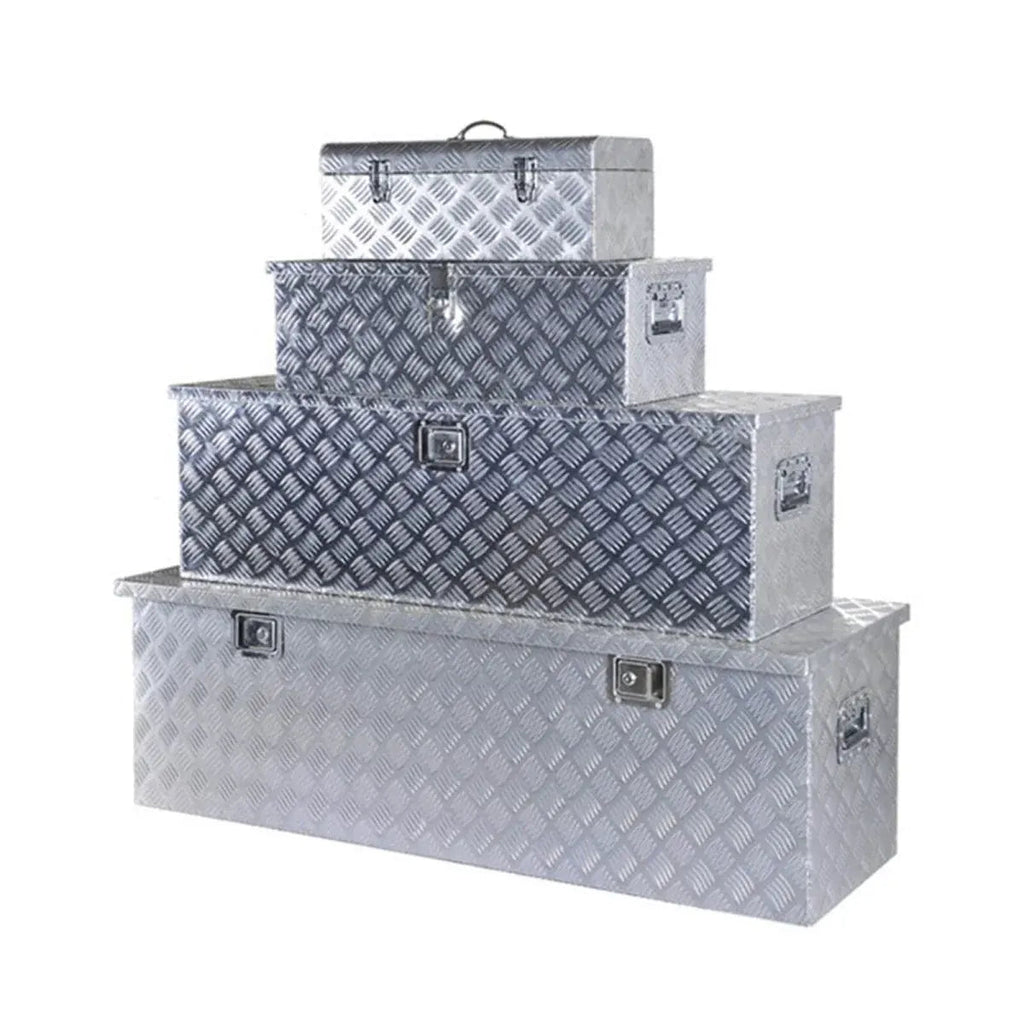 Diamond plate aluminum seagull wing truck storage boxes in four available size options