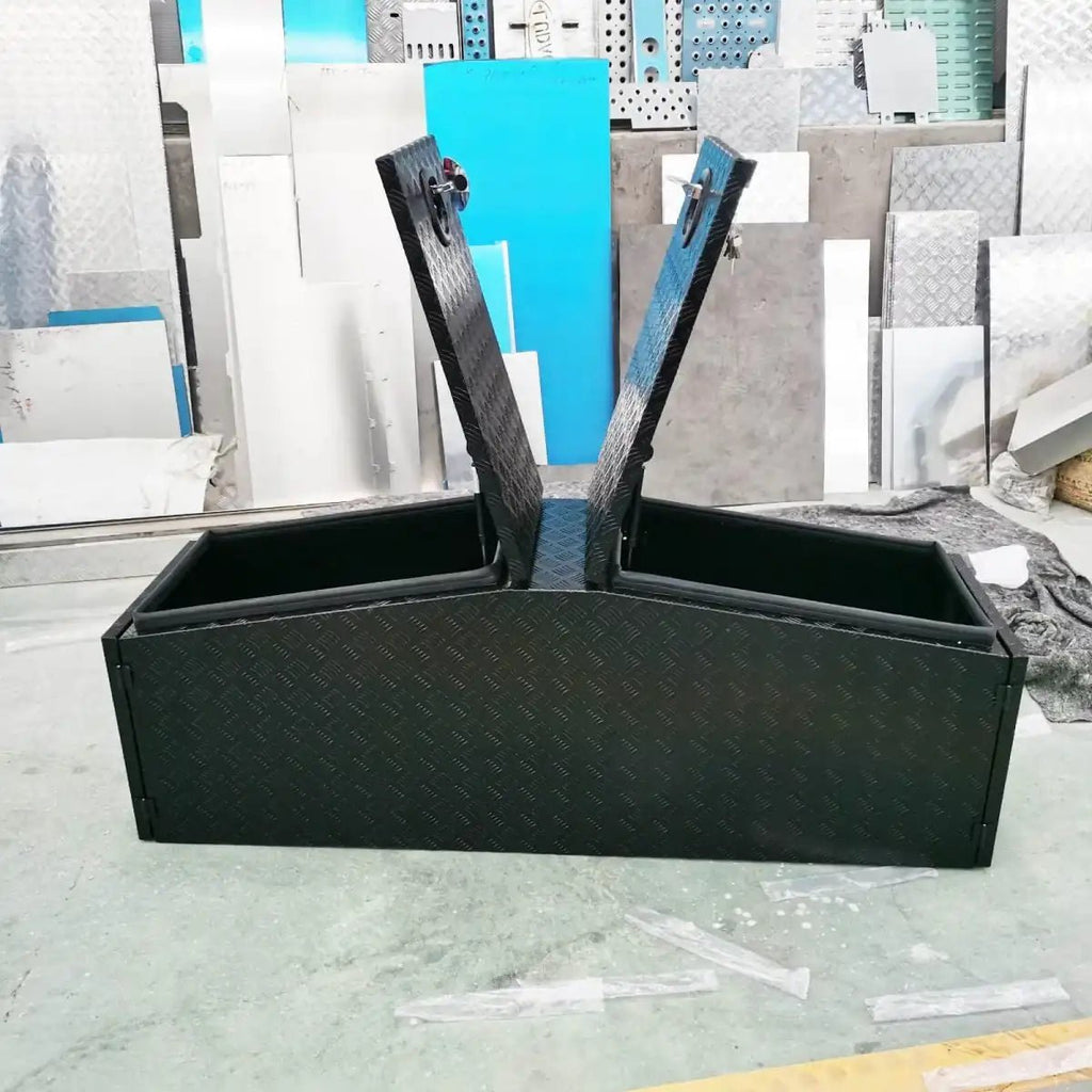 Front view of custom black checker plate tool box with split top lids open