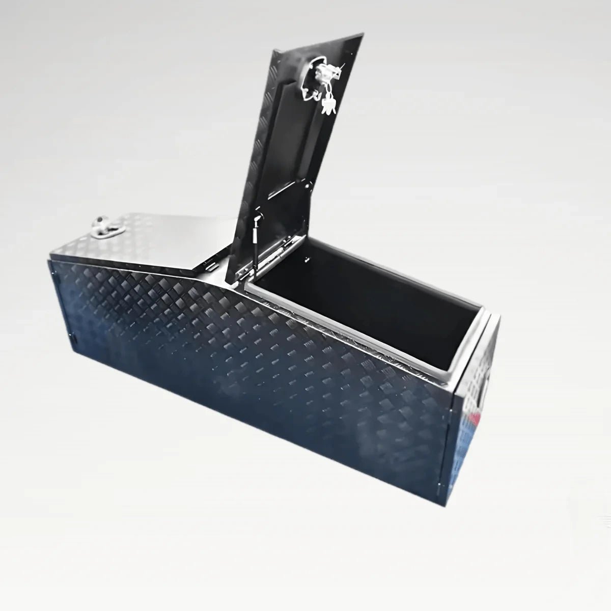 LANSHUO 201090 black checker plate truck tool box with open top lid and long storage compartment