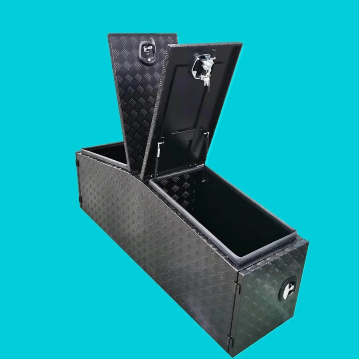 Three-quarter view of open 201090 black aluminum checker plate truck tool box