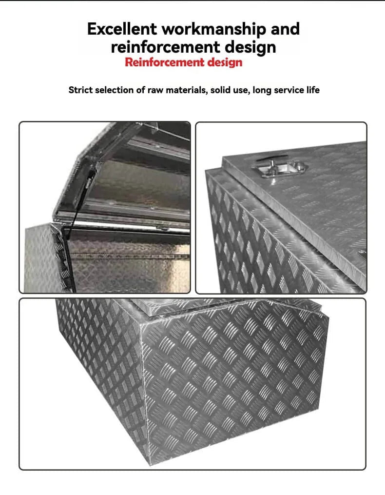 Reinforced welds and checker plate construction details on the 201100 truck tool box