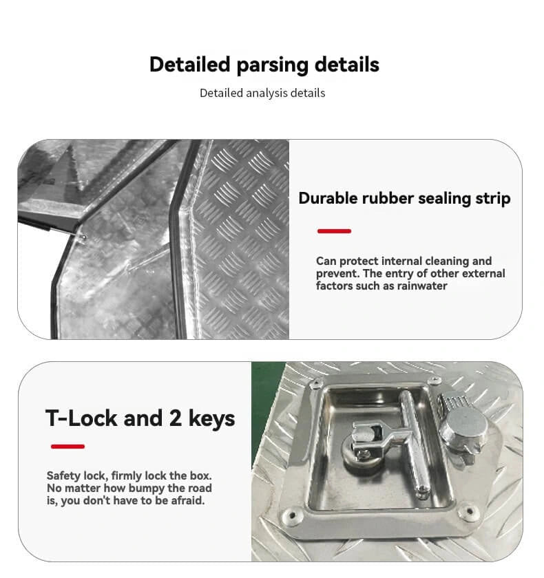 Rubber weather seal and lockable T-handle detail for the waterproof aluminum truck tool box