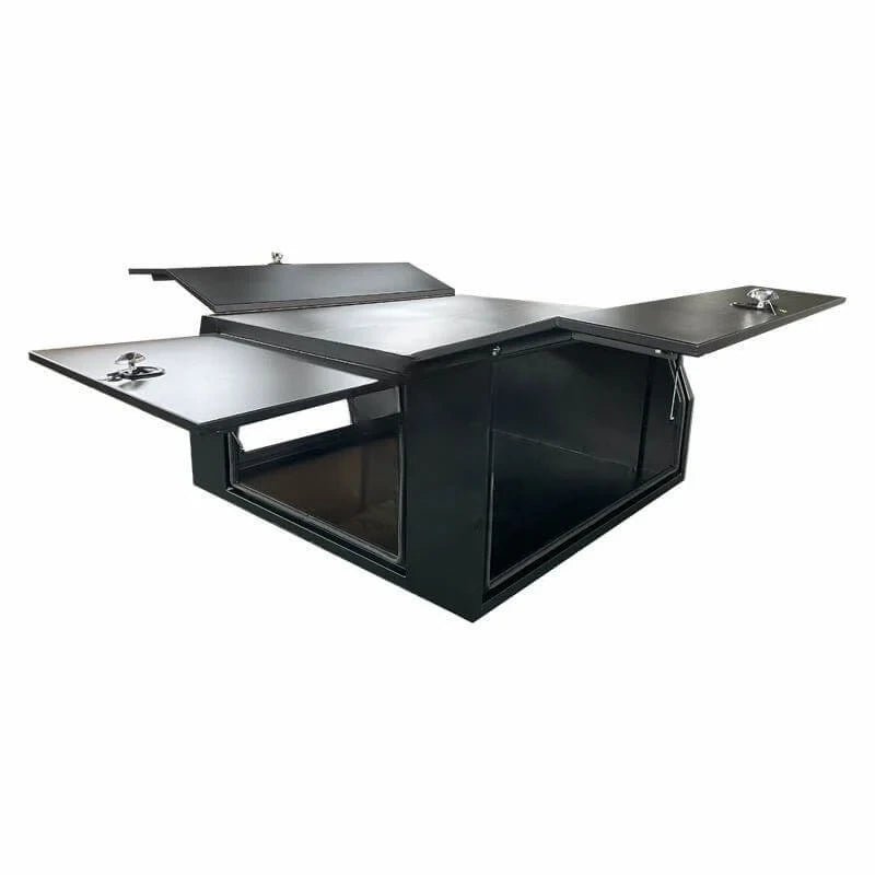 Three-quarter view of black canopy storage box with top and side access doors open