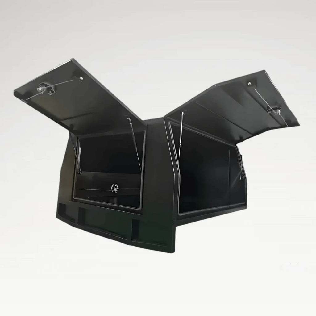 LANSHUO 201110 black aluminum ute canopy storage box with three gullwing access doors open