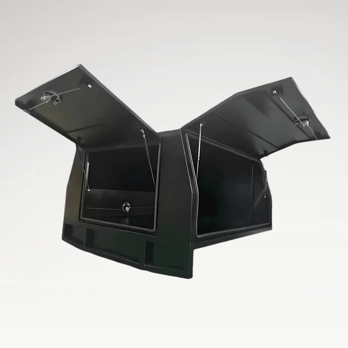 LANSHUO 201110 black aluminum ute canopy storage box with three gullwing access doors open