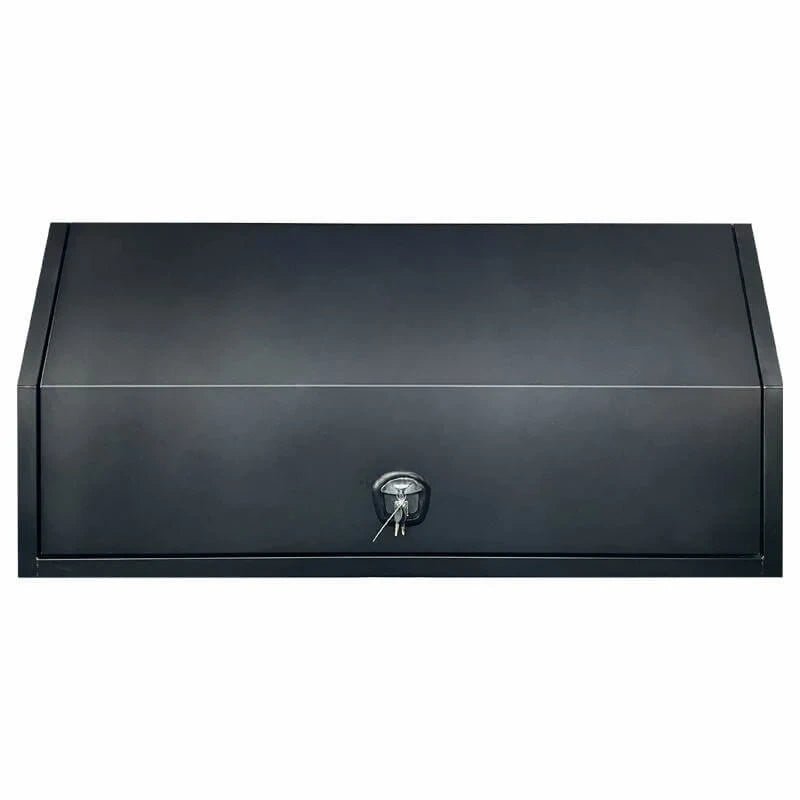 Front view of closed black aluminum ute canopy tool box with recessed keyed lock
