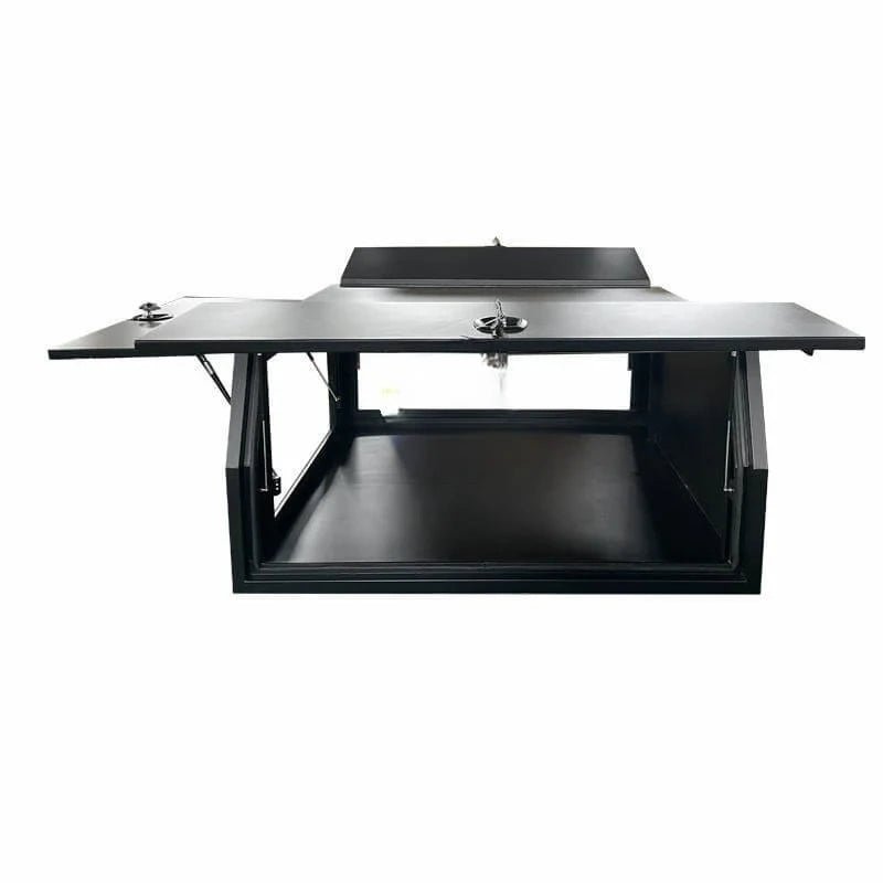 Front view inside the 201110 canopy storage system with both gullwing lids raised