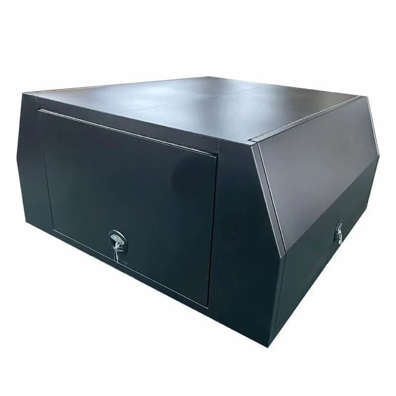 Closed 201110 black canopy storage system with lockable side door and angled upper body
