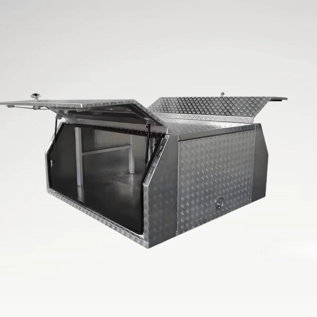 LANSHUO 201111 aluminum truck canopy tool box with checker plate body and dual gullwing doors