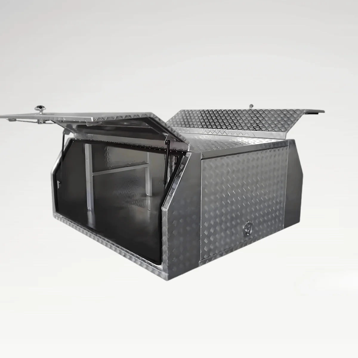 LANSHUO 201111 aluminum truck canopy tool box with checker plate body and dual gullwing doors