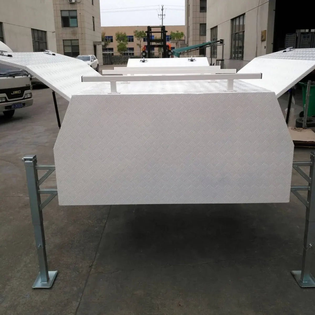 Wide rear view of checker plate canopy storage box with both upper side doors raised