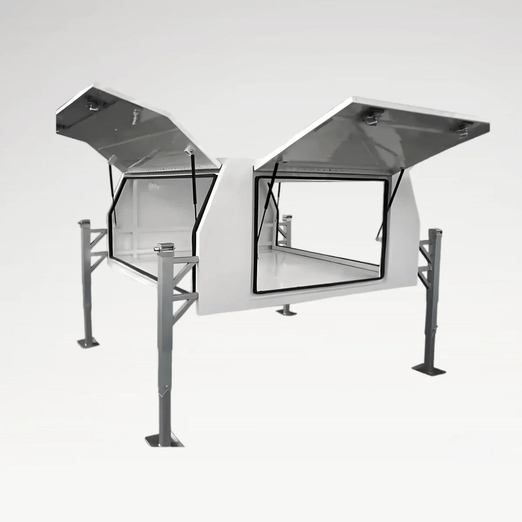 LANSHUO 201112 aluminum checker plate canopy toolbox with three open doors and support frame