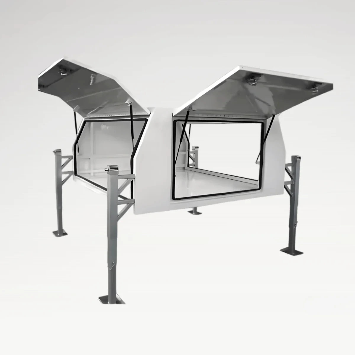 LANSHUO 201112 aluminum checker plate canopy toolbox with three open doors and support frame