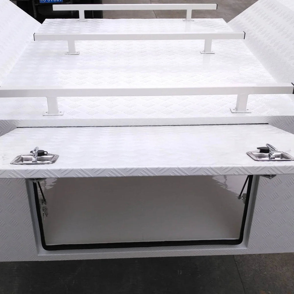 Top rail and recessed tie-down details on the aluminum caravan canopy toolbox