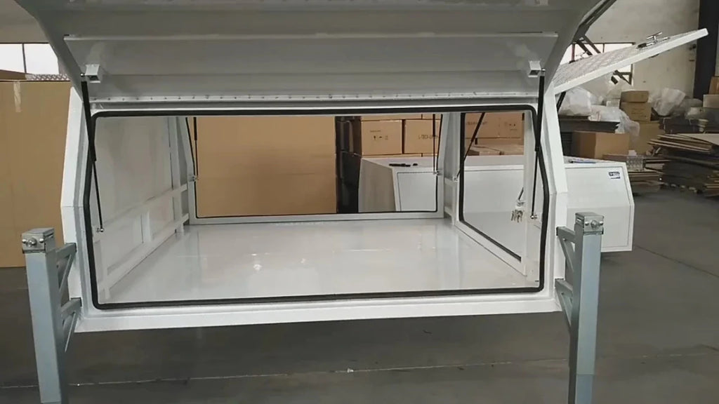 Interior view of the 201112 aluminum canopy toolbox with large access door open